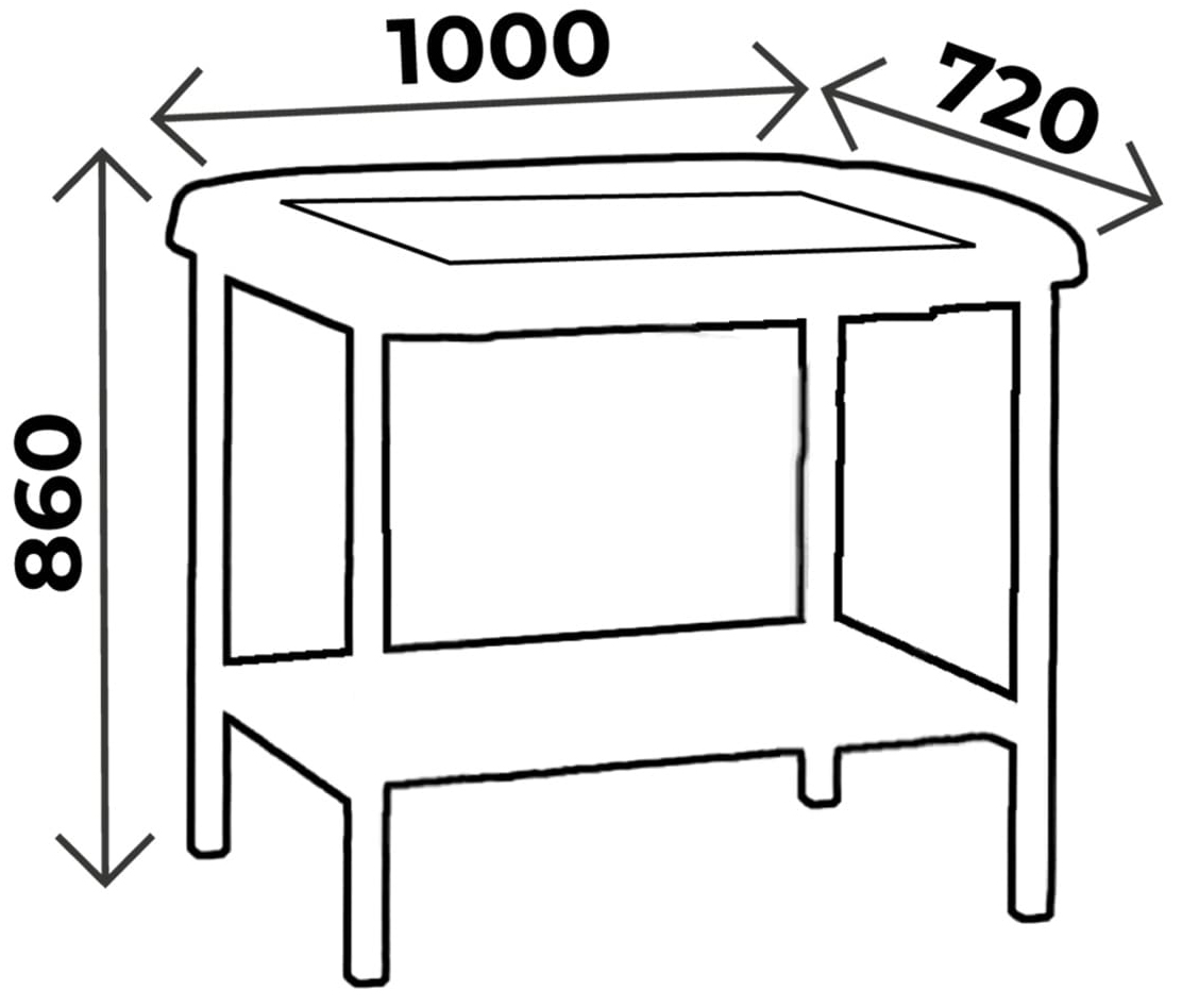 Sch&eacute;ma de la table de p&eacute;diatrie, cotes : 100 x 72 cm et hauteur 86 cm