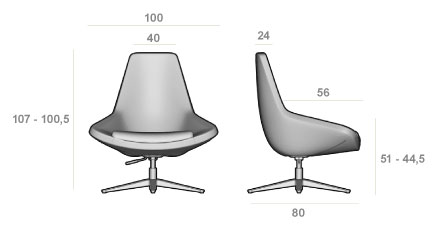 Schéma du fauteuil Tamana grand dossier pivotant, largeur 100 cm, hauteur 100,5-107 cm, assise 44,5-51 cm