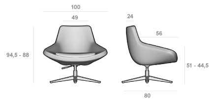 Schéma du fauteuil Tamana dossier moyen pivotant, largeur 100 cm, hauteur 88-94,5 cm, assise 44,5-51 cm