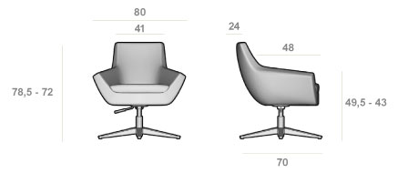 Schéma du fauteuil Tamana petit dossier pivotant, largeur 80 cm, hauteur 72-78,5 cm, assise 43-49,5 cm