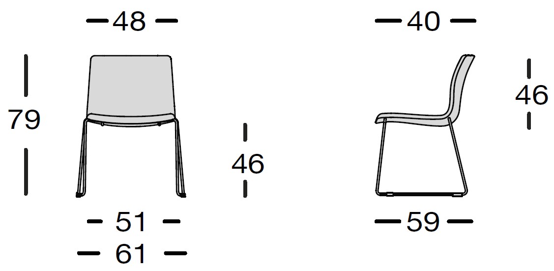Sch&eacute;ma de la chaise Taro sans accoudoirs sur pi&eacute;tement luge, largeur 48 cm, hauteur 79 cm, assise 46 cm
