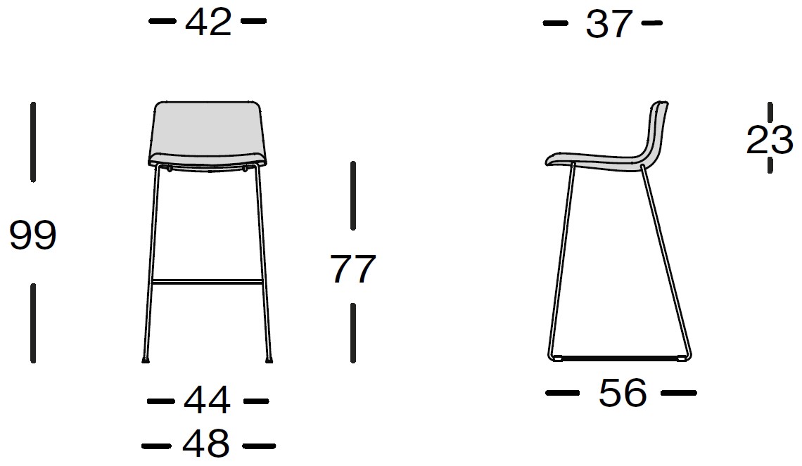 Schéma du tabouret haut Taro sur piétement luge, cotes : largeur 42 cm, hauteur 99 cm, assise 77 cm