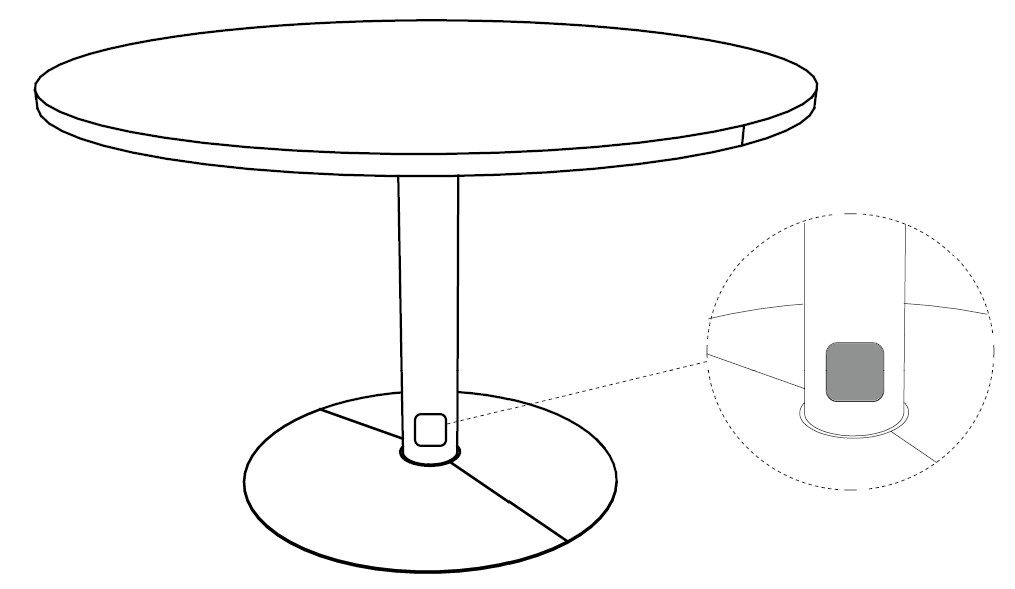 Sch&eacute;ma de la table Tasman Round ronde sur pied central avec bo&icirc;tier &eacute;lectrique