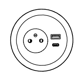 Sch&eacute;ma du bloc &eacute;lectrique Tasman vu de dessus : prise, USB-A et USB-C