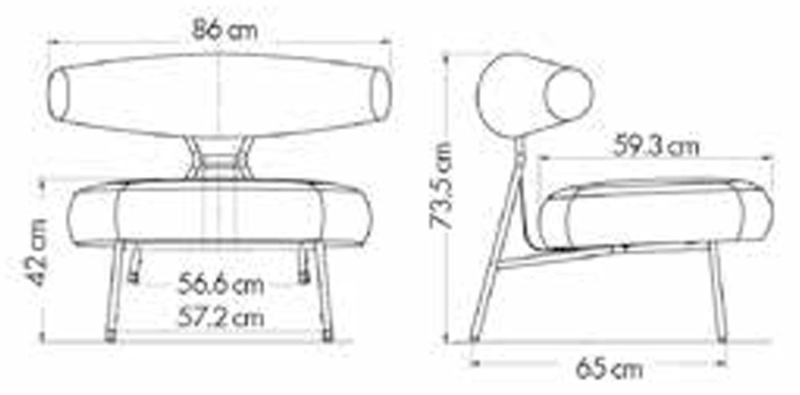 Sch&eacute;ma du fauteuil lounge Terek, cotes : largeur 86 cm, profondeur 65 cm, hauteur 73,5 cm, assise 42 cm