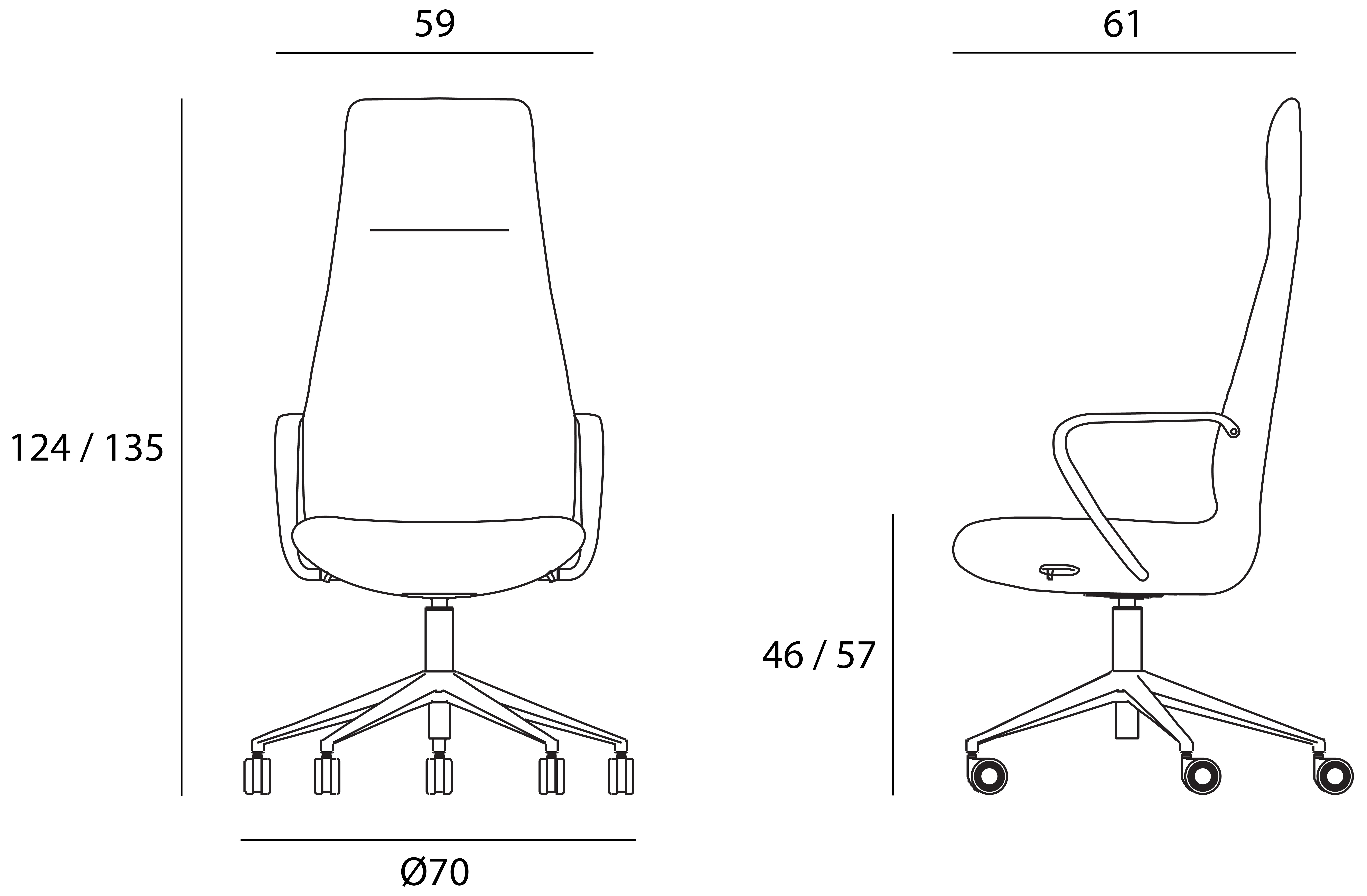 Sch&eacute;ma du fauteuil Tessin haut dossier pivotant, hauteur 124-135 cm, assise 46-57 cm, largeur 59 cm