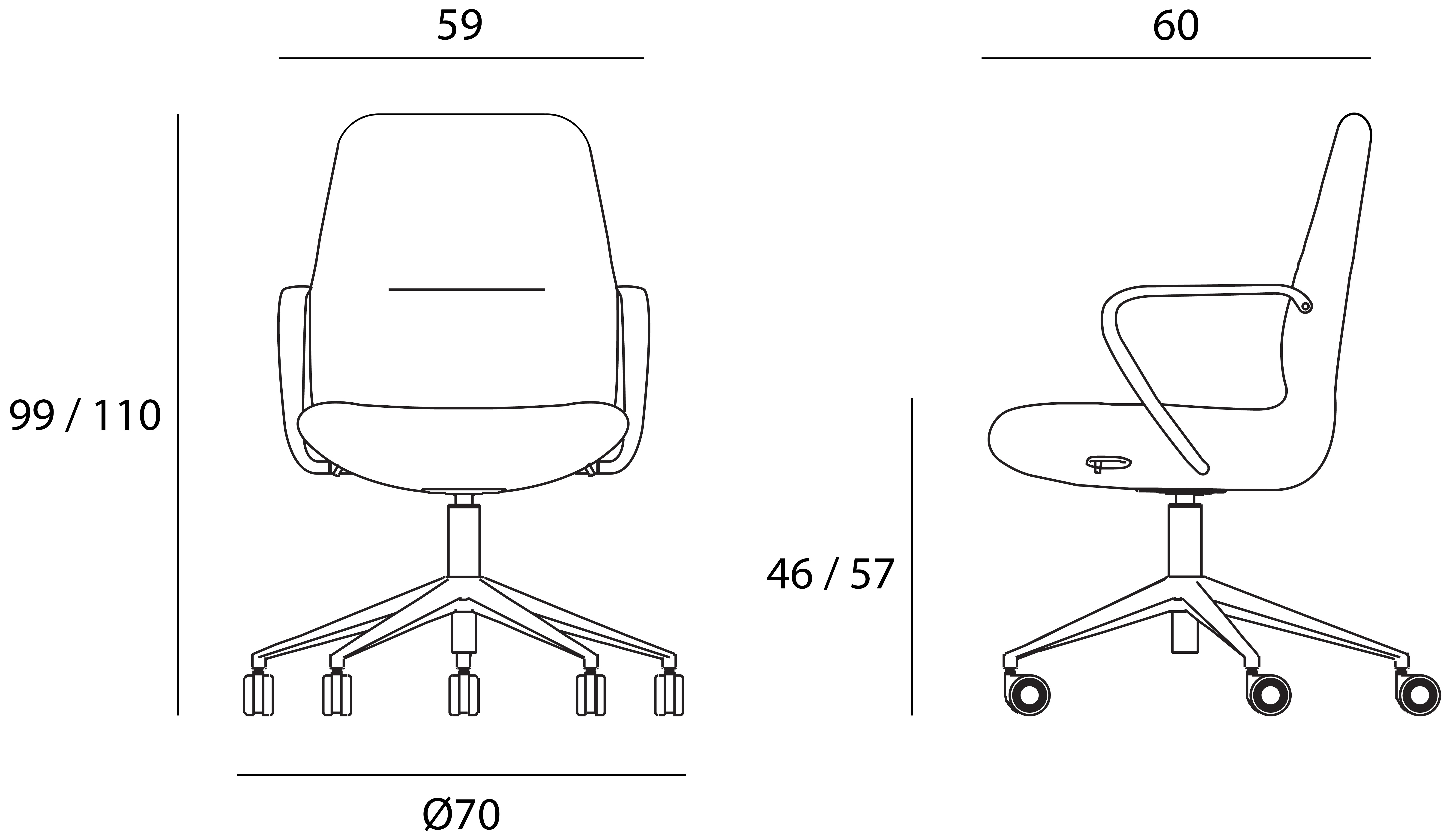 Sch&eacute;ma du fauteuil Tessin moyen dossier pivotant, hauteur 99-110 cm, assise 46-57 cm, largeur 59 cm