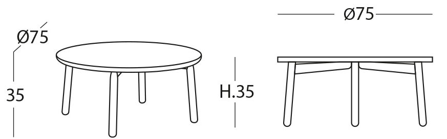 Sch&eacute;ma de la table basse Tidone ronde, cotes : &Oslash;75 cm et hauteur 35 cm, pi&eacute;tement bois