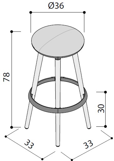 Sch&eacute;ma du tabouret haut Tolosa, assise &Oslash;36 cm et hauteur 78 cm