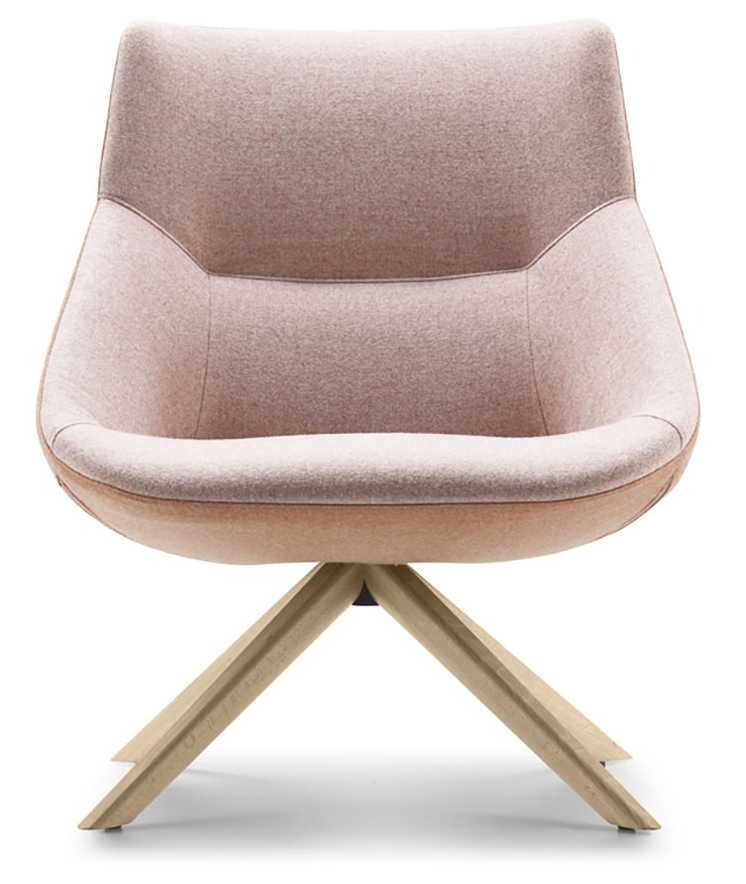 Fauteuil Tomo dossier bas rose, pi&eacute;tement bois pivotant