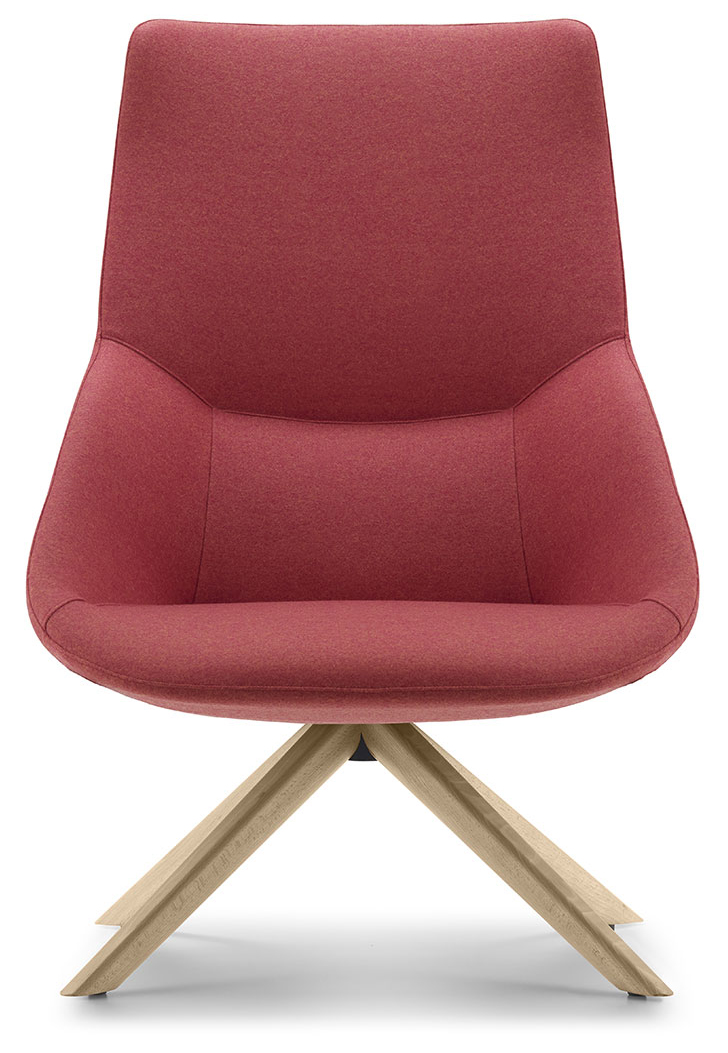 Fauteuil Tomo dossier haut rouge, pi&eacute;tement bois pivotant