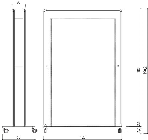 Schéma du tableau mobile Tremiti grand panneau sur roulettes, largeur 120 cm, hauteur 190 cm
