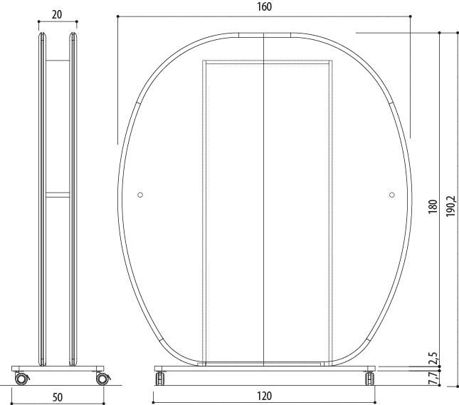 Schéma du tableau mobile Tremiti panneau Moon ovale sur roulettes, largeur 160 cm, hauteur 190 cm