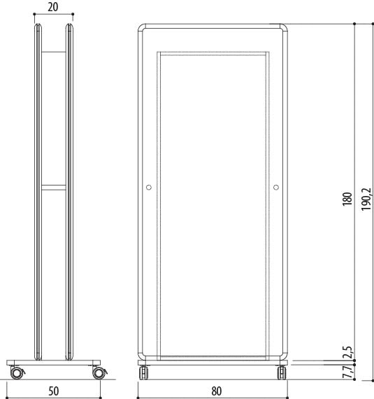 Schéma du tableau mobile Tremiti petit panneau sur roulettes, largeur 80 cm, hauteur 190 cm