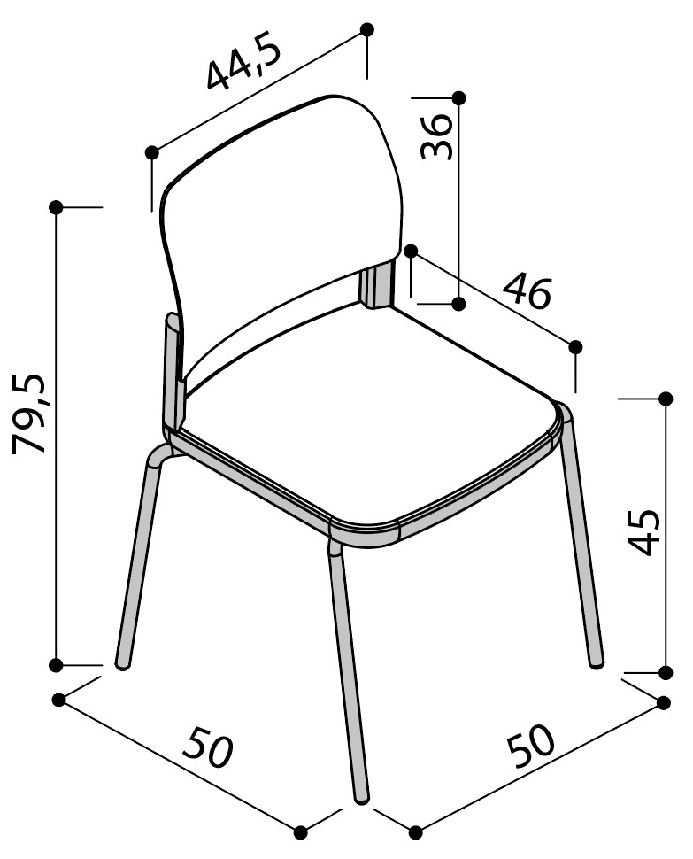 Sch&eacute;ma de la chaise Umbra sur 4 pieds sans accoudoirs, largeur 50 cm, hauteur 79,5 cm, assise 45 cm