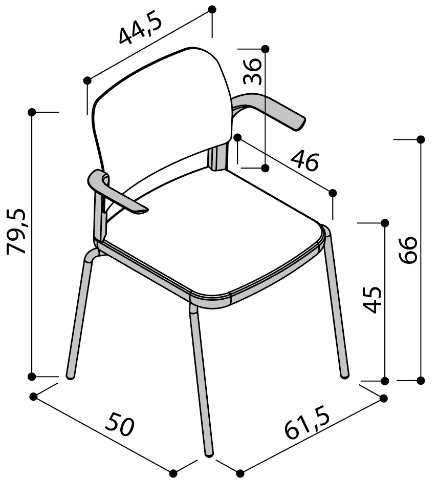 Sch&eacute;ma de la chaise Umbra sur 4 pieds avec tablette &eacute;critoire, largeur 50 cm, hauteur 79,5 cm