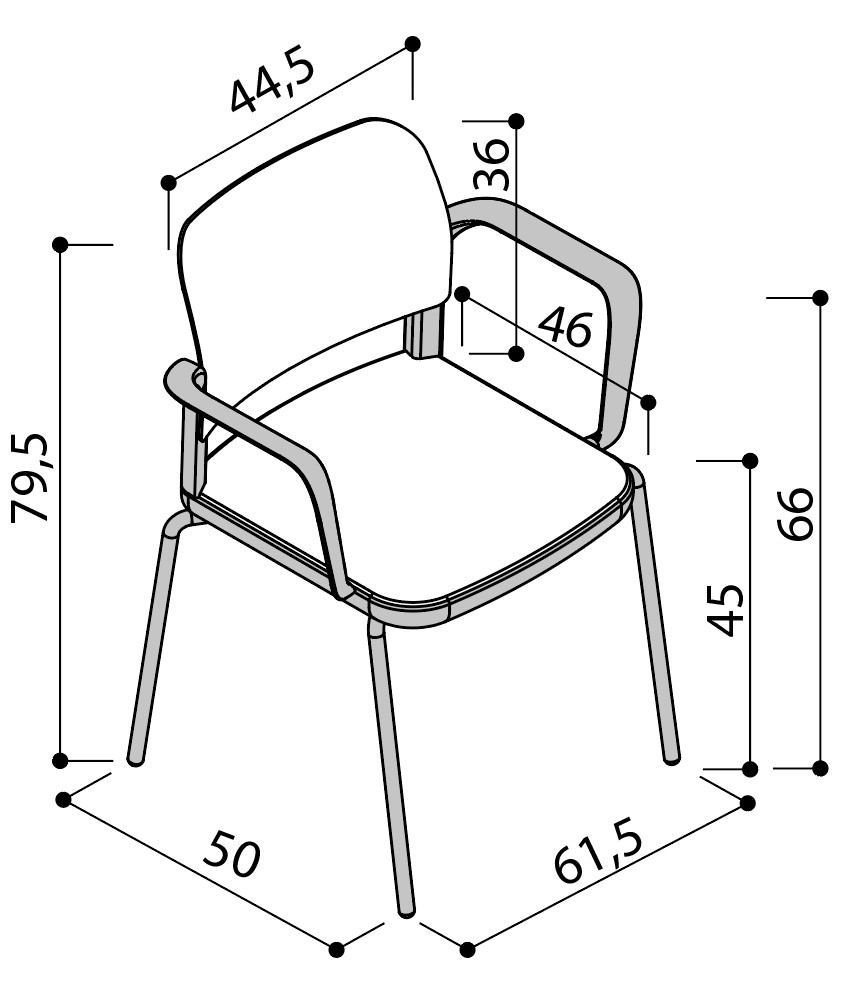 Sch&eacute;ma de la chaise Umbra sur 4 pieds avec accoudoirs, largeur 50 cm, hauteur 79,5 cm, assise 45 cm