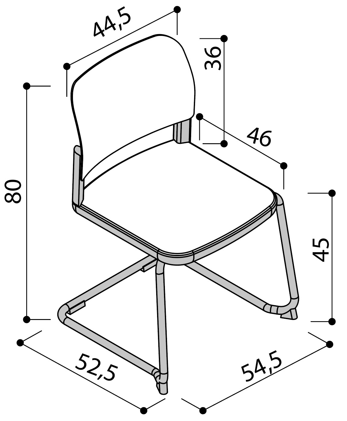 Sch&eacute;ma de la chaise Umbra sur pi&eacute;tement luge sans accoudoirs, largeur 52,5 cm, hauteur 80 cm