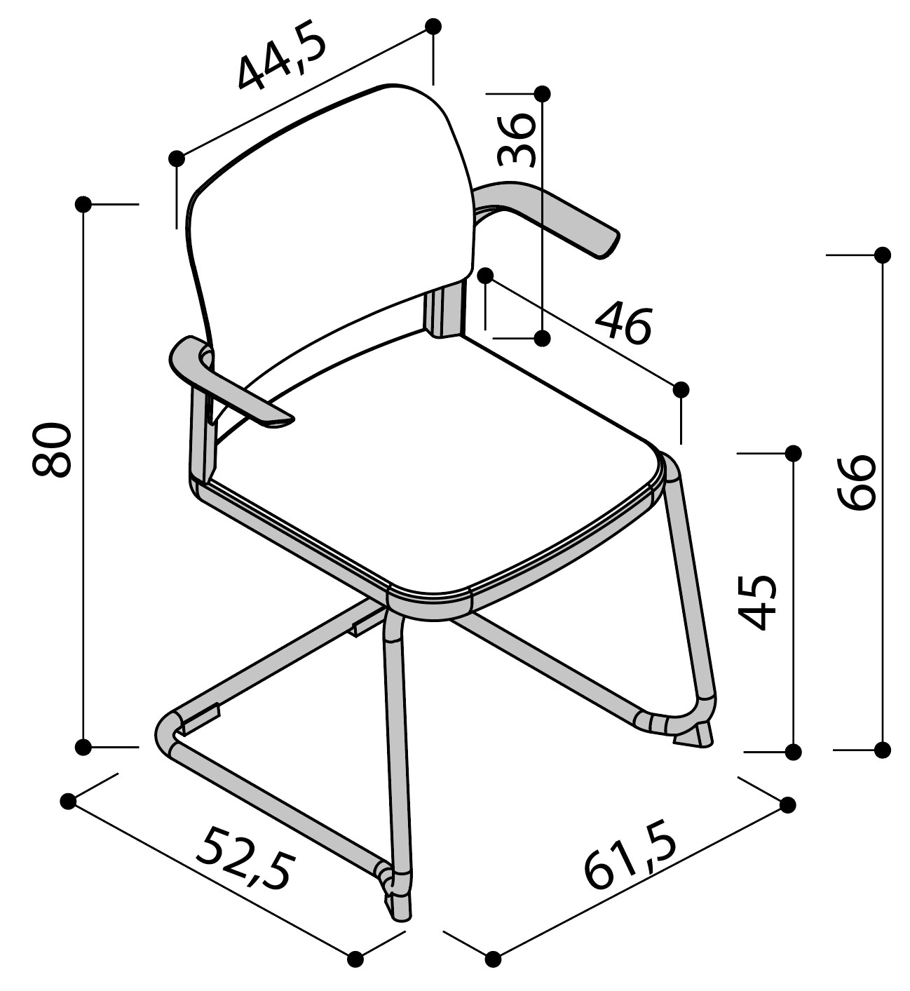 Sch&eacute;ma de la chaise Umbra sur pi&eacute;tement luge avec tablette &eacute;critoire, hauteur 80 cm