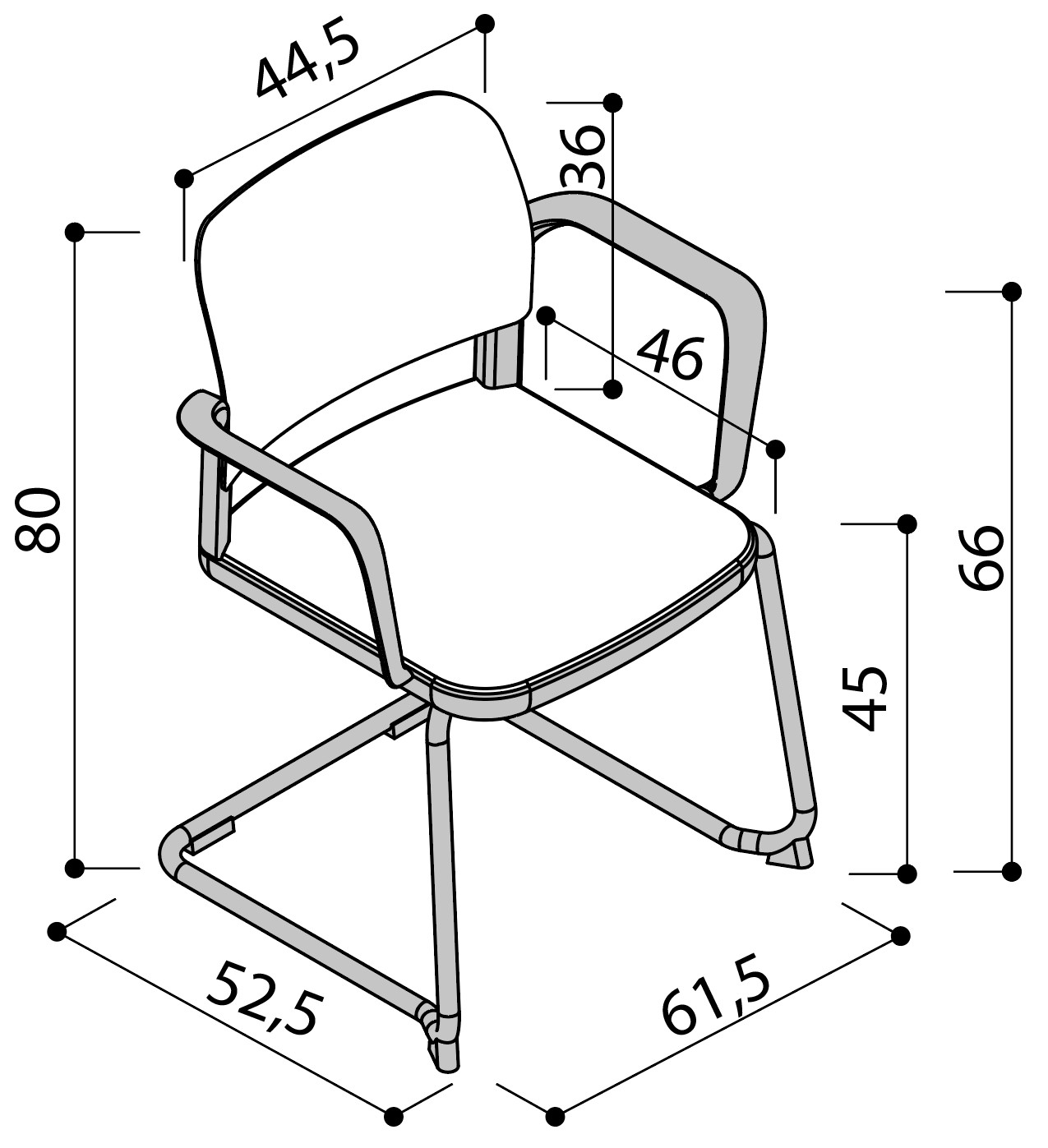 Sch&eacute;ma de la chaise Umbra sur pi&eacute;tement luge avec accoudoirs, hauteur 80 cm, assise 45 cm
