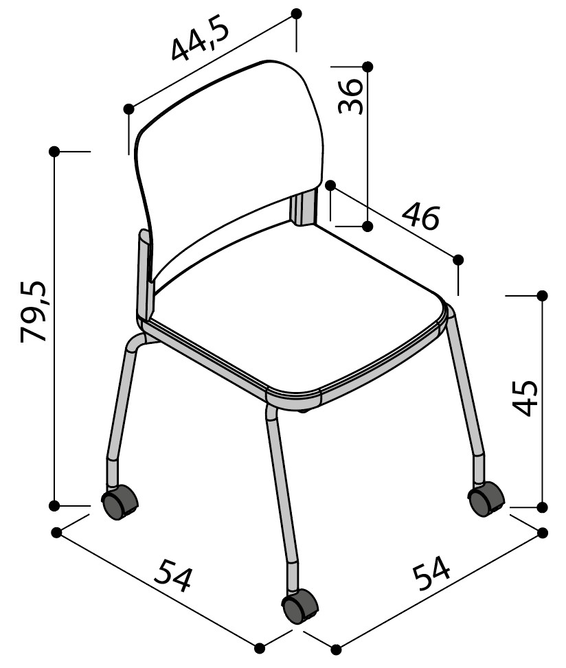 Sch&eacute;ma de la chaise Umbra sur 4 pieds &agrave; roulettes sans accoudoirs, largeur 54 cm, hauteur 79,5 cm