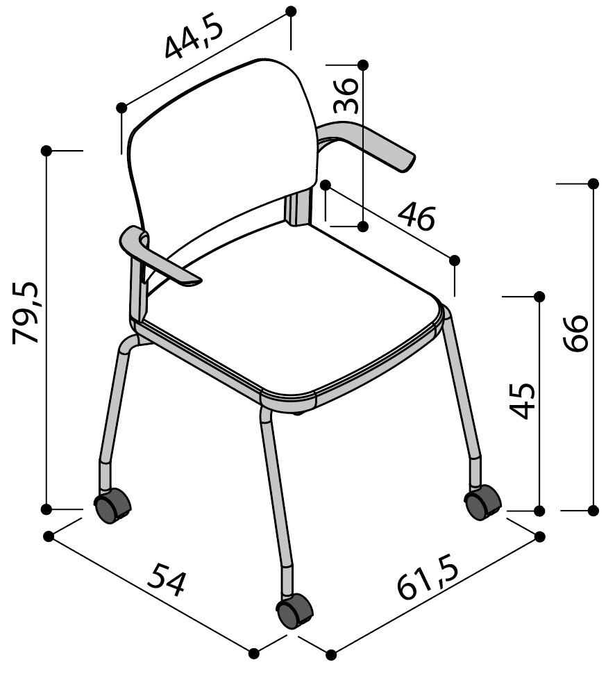 Sch&eacute;ma de la chaise Umbra sur 4 pieds &agrave; roulettes avec tablette &eacute;critoire, hauteur 79,5 cm