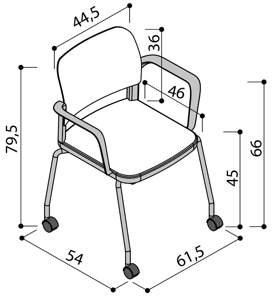 Sch&eacute;ma de la chaise Umbra sur 4 pieds &agrave; roulettes avec accoudoirs, largeur 54 cm, hauteur 79,5 cm