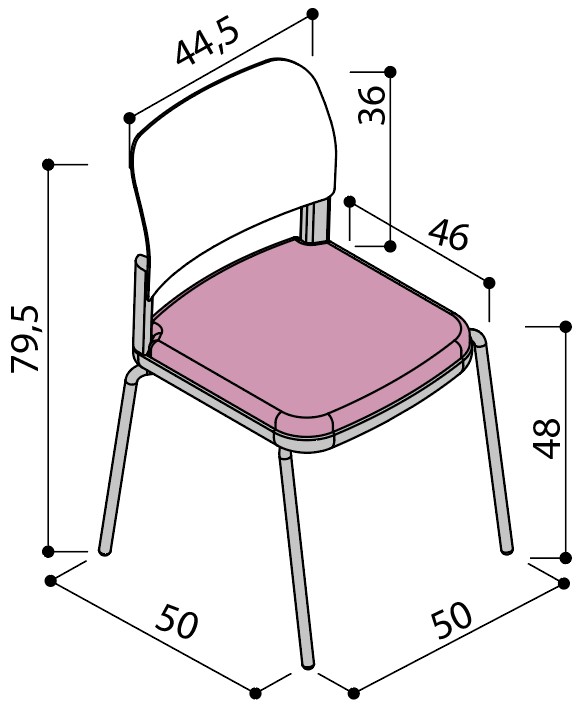 Sch&eacute;ma de la chaise Umbra &agrave; assise tapiss&eacute;e sur 4 pieds sans accoudoirs, largeur 50 cm, hauteur 79,5 cm