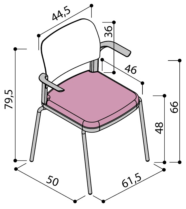 Sch&eacute;ma de la chaise Umbra &agrave; assise tapiss&eacute;e sur 4 pieds avec tablette &eacute;critoire, hauteur 79,5 cm