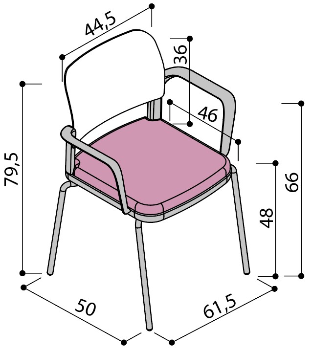 Sch&eacute;ma de la chaise Umbra &agrave; assise tapiss&eacute;e sur 4 pieds avec accoudoirs, largeur 50 cm, hauteur 79,5 cm