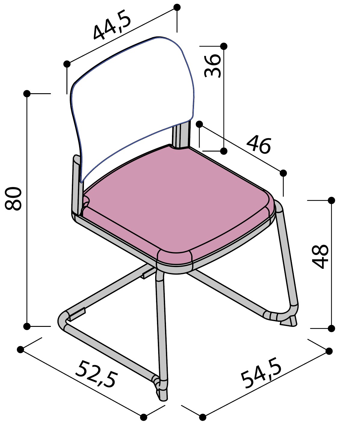 Sch&eacute;ma de la chaise Umbra &agrave; assise tapiss&eacute;e sur pi&eacute;tement luge sans accoudoirs, largeur 52,5 cm, hauteur 80 cm