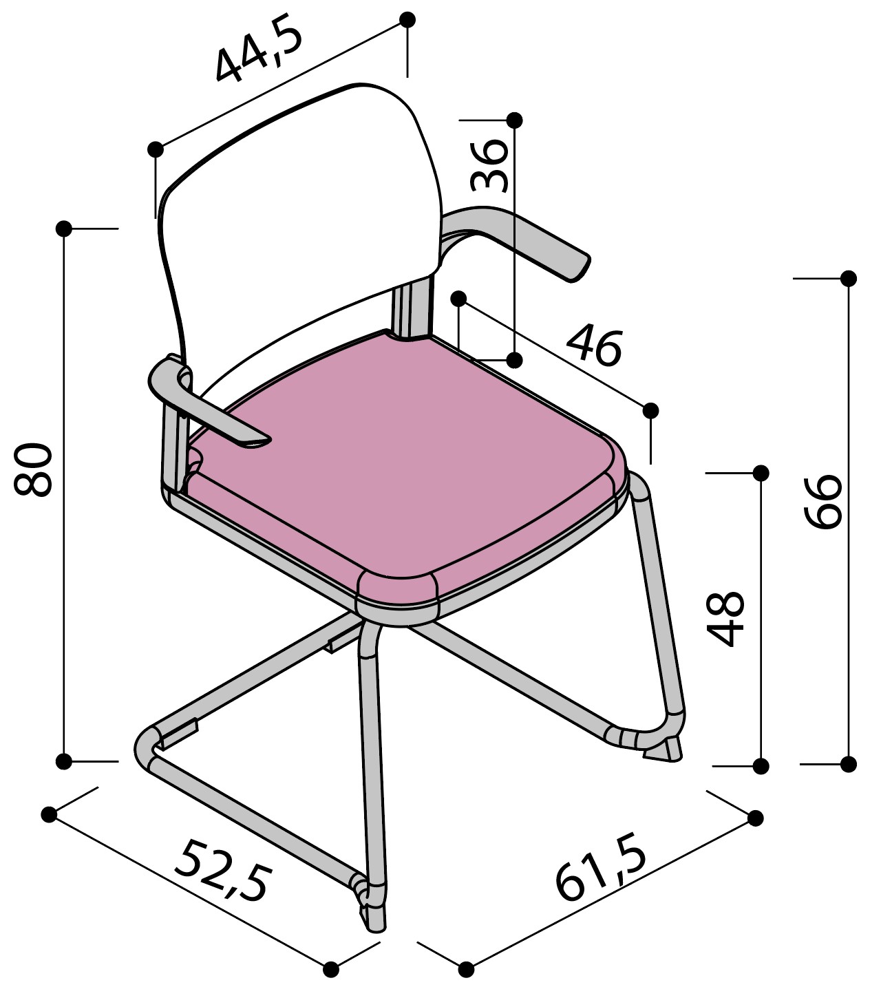 Sch&eacute;ma de la chaise Umbra &agrave; assise tapiss&eacute;e sur pi&eacute;tement luge avec tablette &eacute;critoire, hauteur 80 cm
