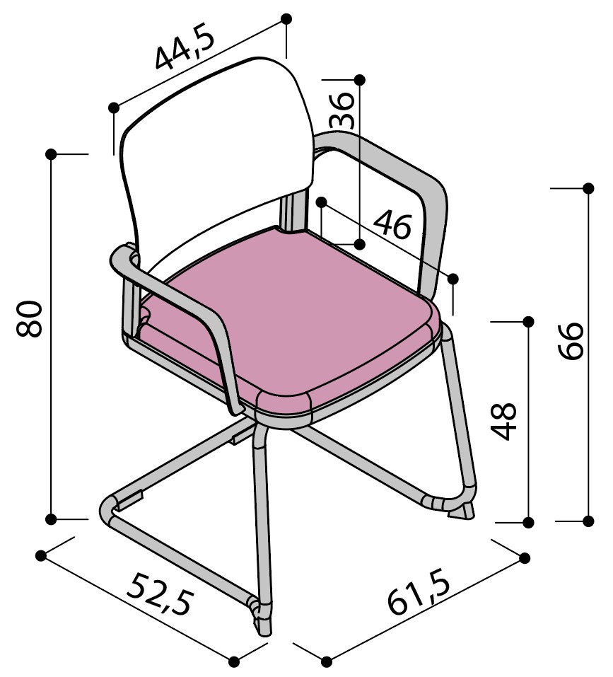 Sch&eacute;ma de la chaise Umbra &agrave; assise tapiss&eacute;e sur pi&eacute;tement luge avec accoudoirs, hauteur 80 cm