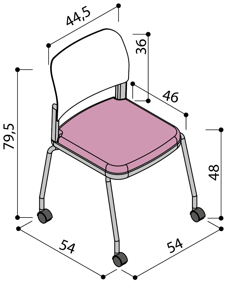 Sch&eacute;ma de la chaise Umbra &agrave; assise tapiss&eacute;e sur 4 pieds &agrave; roulettes sans accoudoirs, largeur 54 cm