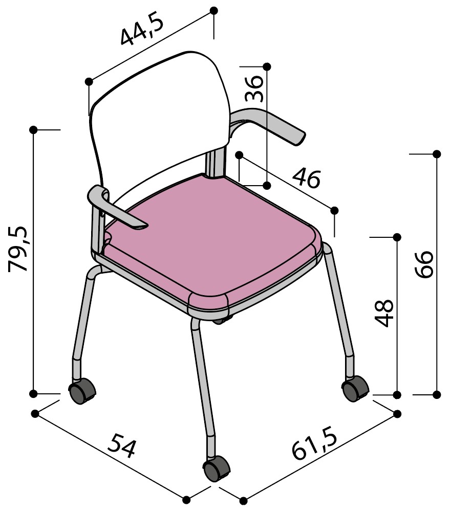 Sch&eacute;ma de la chaise Umbra &agrave; assise tapiss&eacute;e sur 4 pieds &agrave; roulettes avec tablette &eacute;critoire