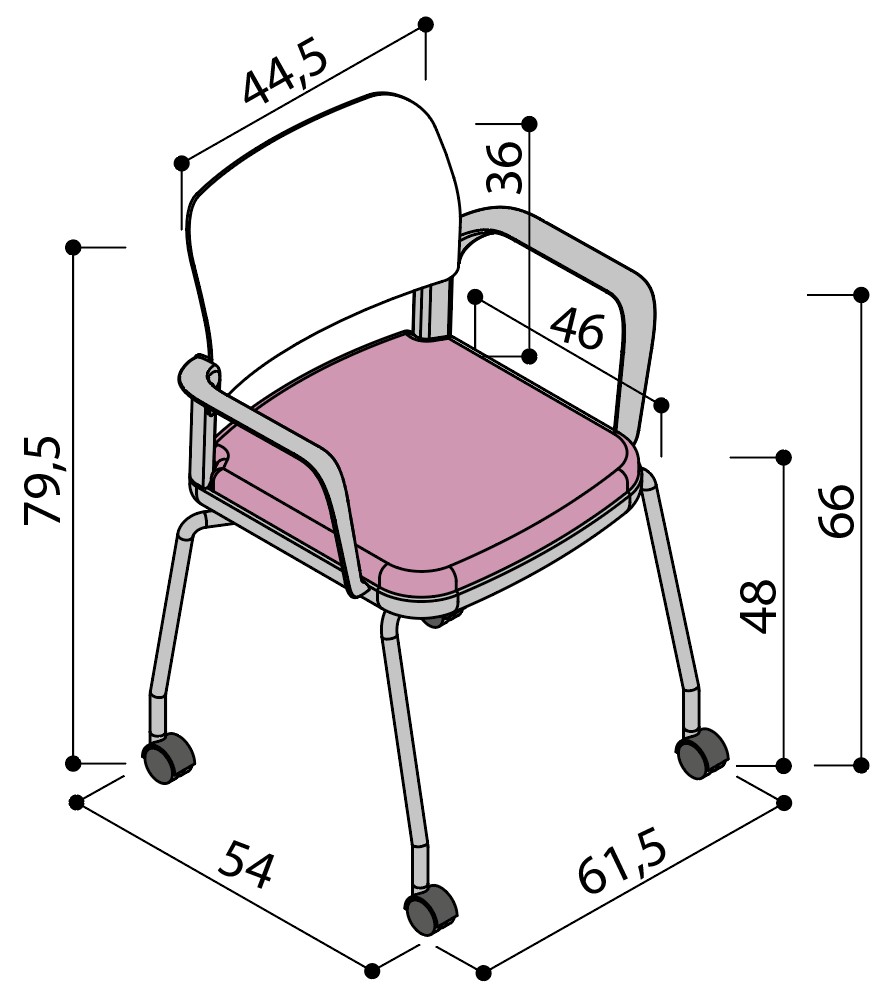 Sch&eacute;ma de la chaise Umbra &agrave; assise tapiss&eacute;e sur 4 pieds &agrave; roulettes avec accoudoirs, largeur 54 cm