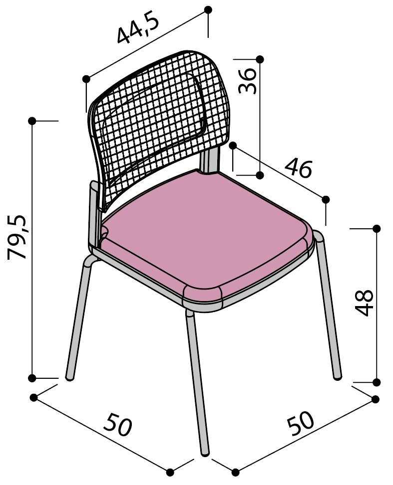 Sch&eacute;ma de la chaise Umbra dossier r&eacute;sille et assise tapiss&eacute;e sur 4 pieds, largeur 50 cm, hauteur 79,5 cm