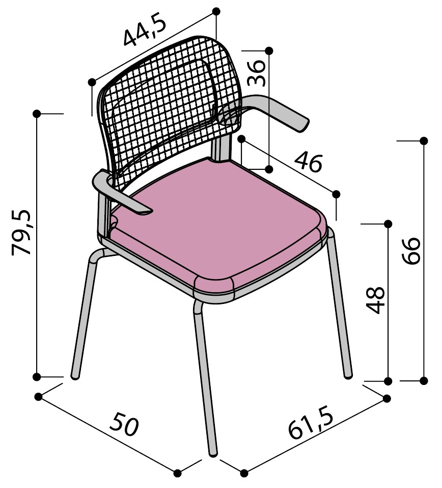 Sch&eacute;ma de la chaise Umbra dossier r&eacute;sille sur 4 pieds avec tablette &eacute;critoire, hauteur 79,5 cm