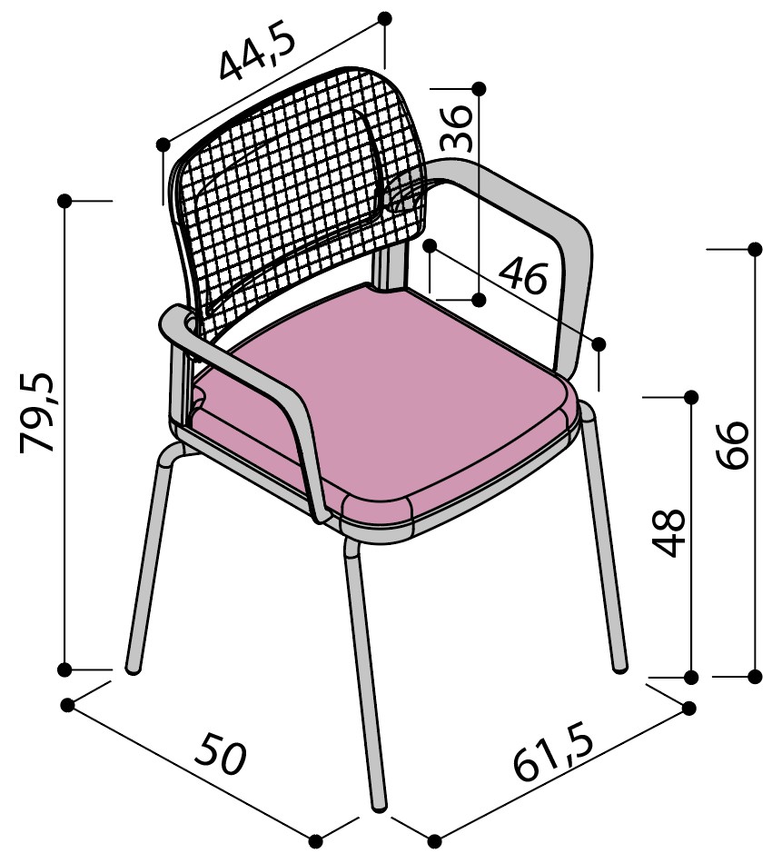Sch&eacute;ma de la chaise Umbra dossier r&eacute;sille sur 4 pieds avec accoudoirs, largeur 50 cm, hauteur 79,5 cm