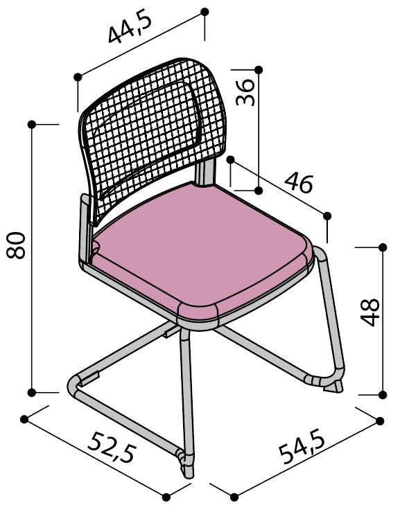 Sch&eacute;ma de la chaise Umbra dossier r&eacute;sille sur pi&eacute;tement luge sans accoudoirs, largeur 52,5 cm, hauteur 80 cm