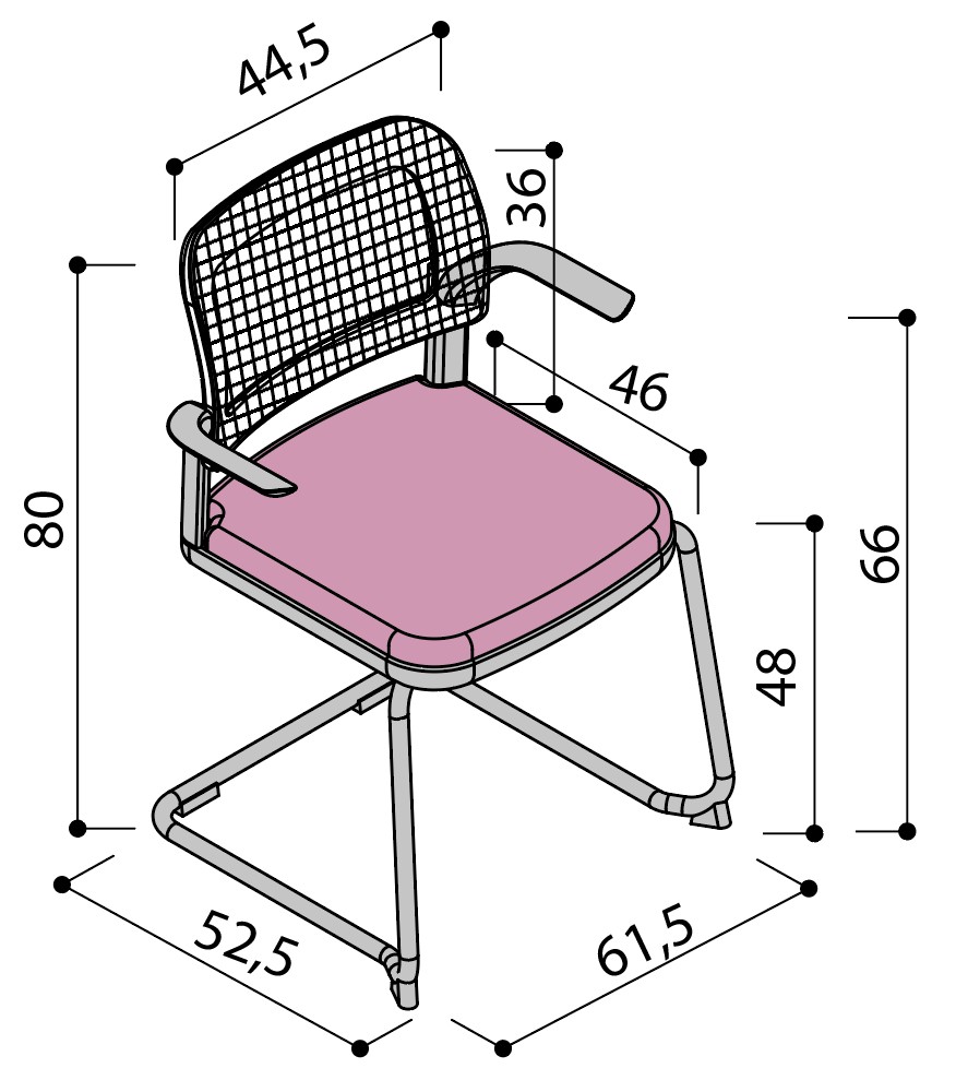 Sch&eacute;ma de la chaise Umbra dossier r&eacute;sille sur pi&eacute;tement luge avec tablette &eacute;critoire, hauteur 80 cm