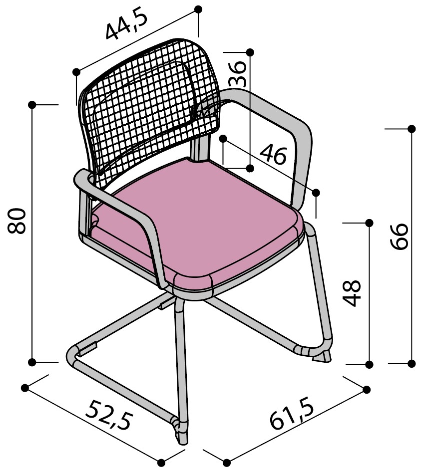 Sch&eacute;ma de la chaise Umbra dossier r&eacute;sille sur pi&eacute;tement luge avec accoudoirs, hauteur 80 cm