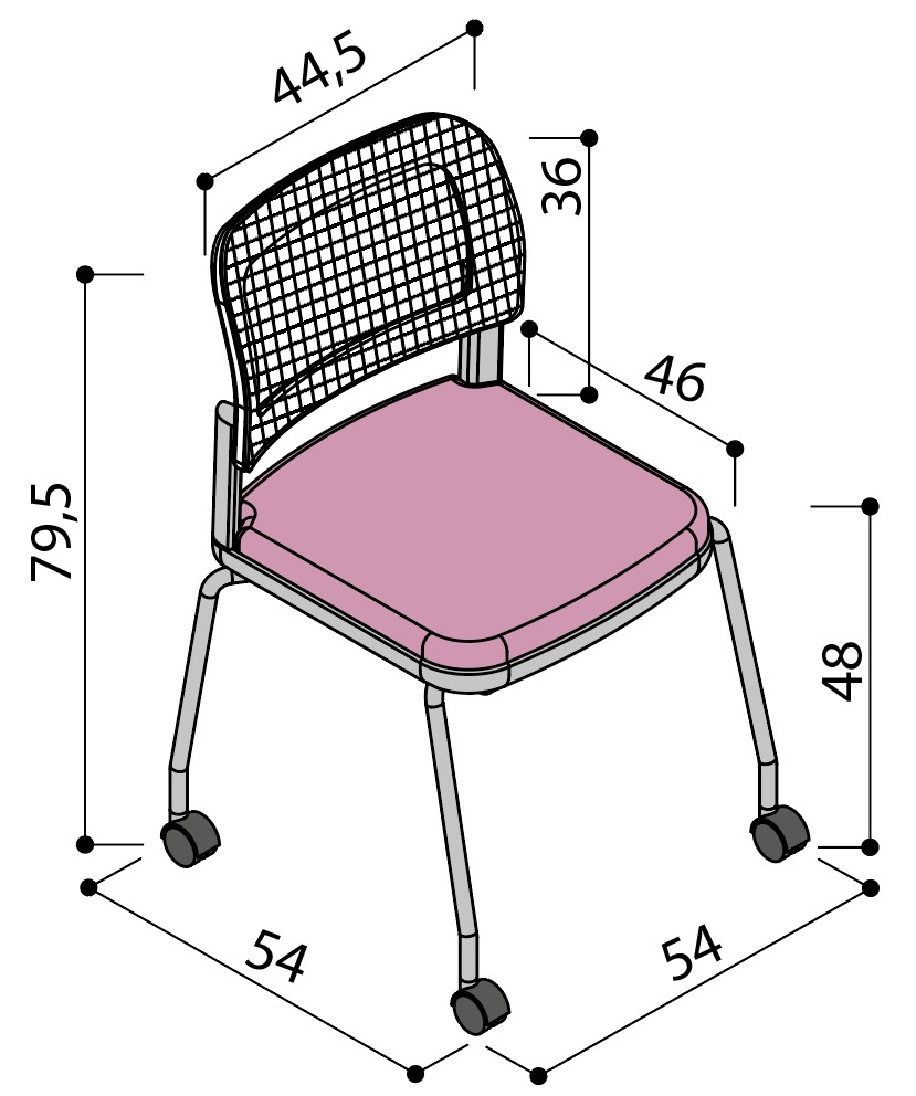 Sch&eacute;ma de la chaise Umbra dossier r&eacute;sille sur 4 pieds &agrave; roulettes, largeur 54 cm, hauteur 79,5 cm