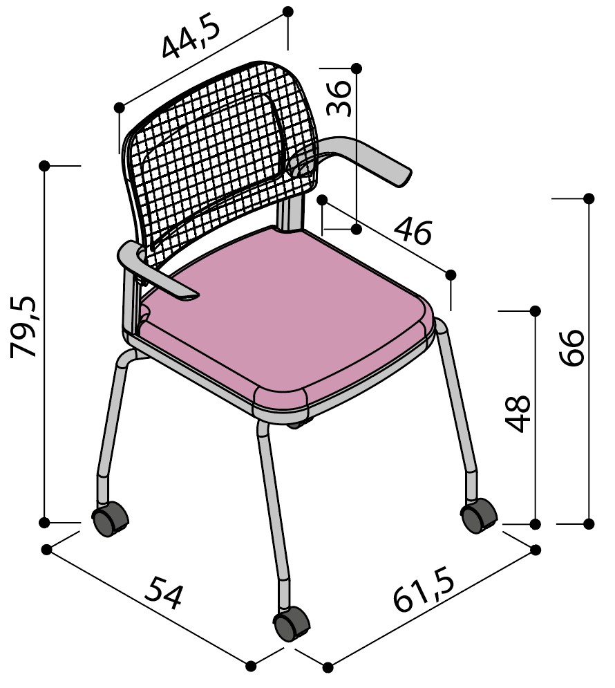 Sch&eacute;ma de la chaise Umbra dossier r&eacute;sille sur 4 pieds &agrave; roulettes avec tablette &eacute;critoire, hauteur 79,5 cm