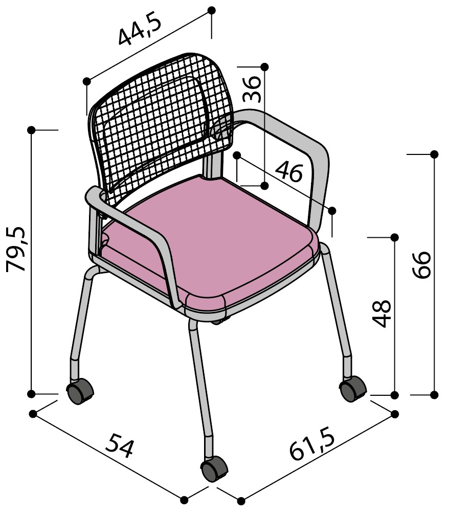 Sch&eacute;ma de la chaise Umbra dossier r&eacute;sille sur 4 pieds &agrave; roulettes avec accoudoirs, largeur 54 cm