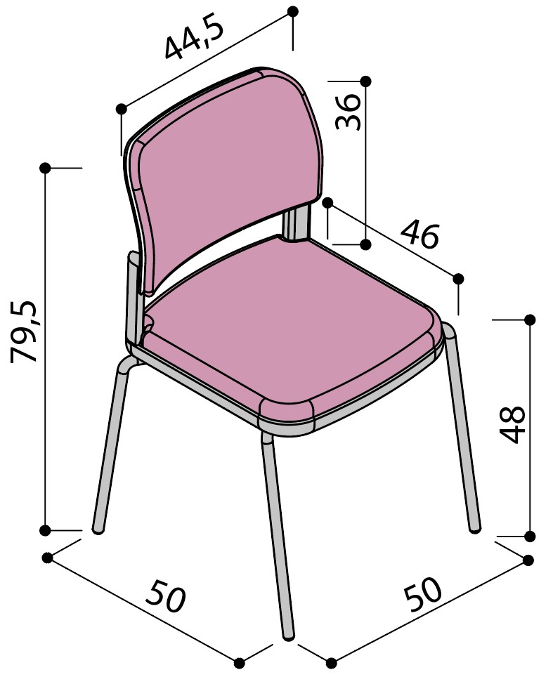 Sch&eacute;ma de la chaise Umbra dossier et assise tapiss&eacute;s sur 4 pieds, largeur 50 cm, hauteur 79,5 cm