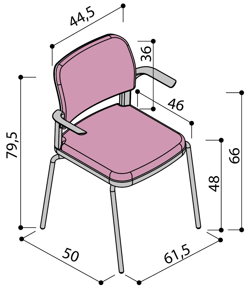 Sch&eacute;ma de la chaise Umbra enti&egrave;rement tapiss&eacute;e sur 4 pieds avec tablette &eacute;critoire, hauteur 79,5 cm