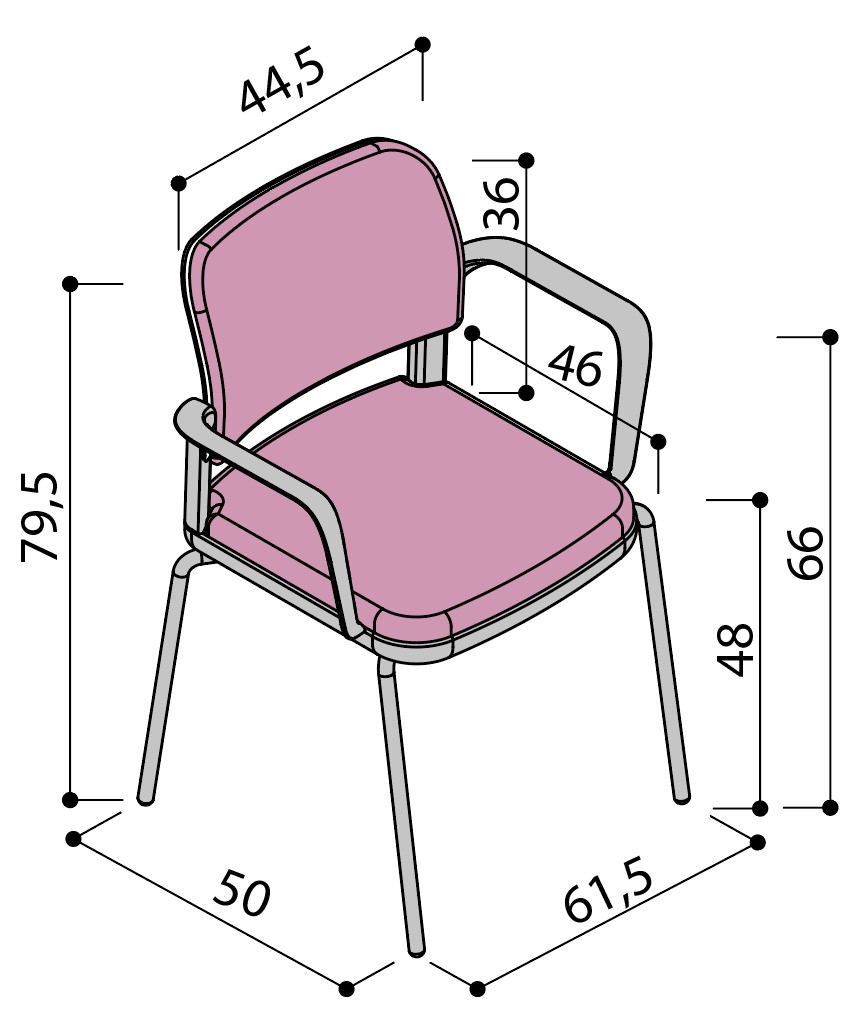 Sch&eacute;ma de la chaise Umbra enti&egrave;rement tapiss&eacute;e sur 4 pieds avec accoudoirs, largeur 50 cm, hauteur 79,5 cm