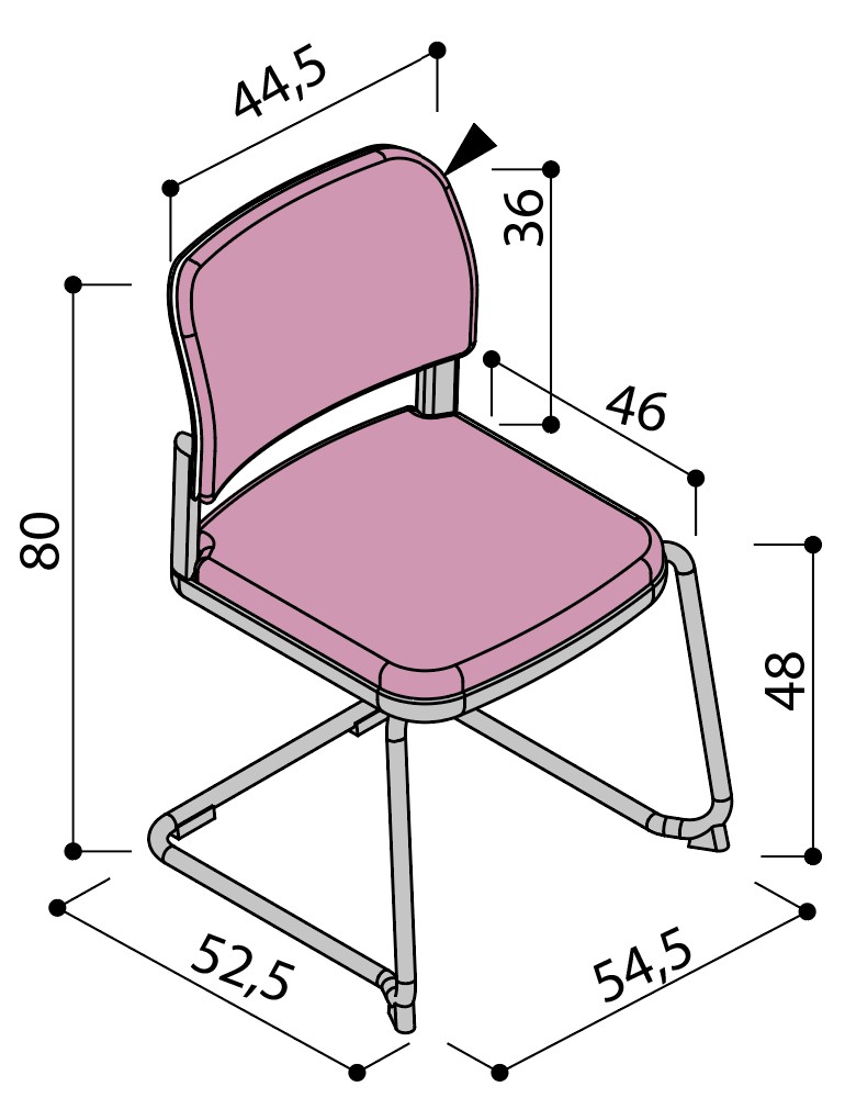 Sch&eacute;ma de la chaise Umbra enti&egrave;rement tapiss&eacute;e sur pi&eacute;tement luge, largeur 52,5 cm, hauteur 80 cm