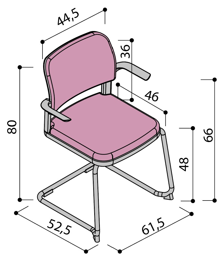 Sch&eacute;ma de la chaise Umbra enti&egrave;rement tapiss&eacute;e sur pi&eacute;tement luge avec tablette &eacute;critoire, hauteur 80 cm